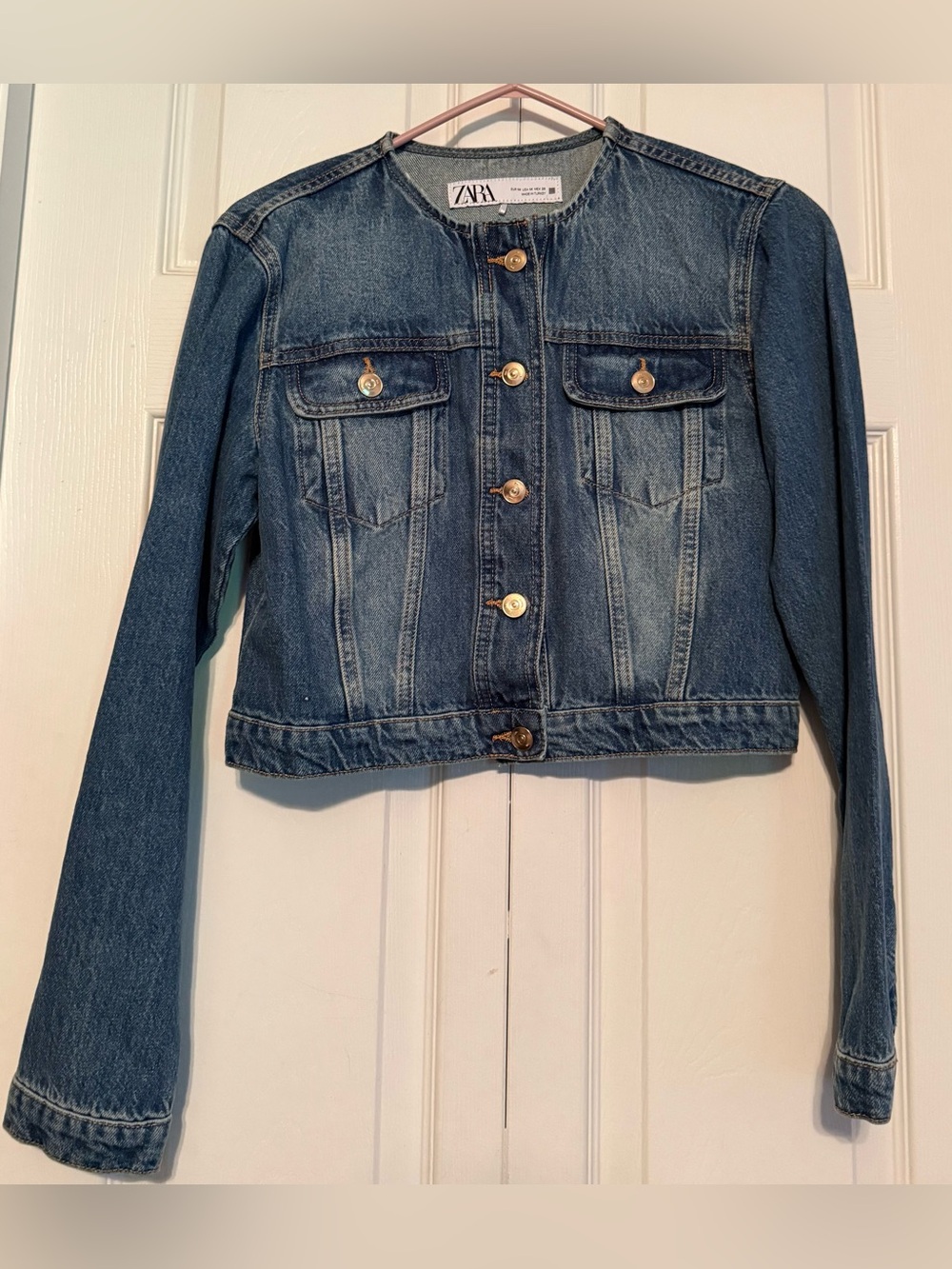 Zara Dark Blue Denim Cropped Button Jacket Sz M